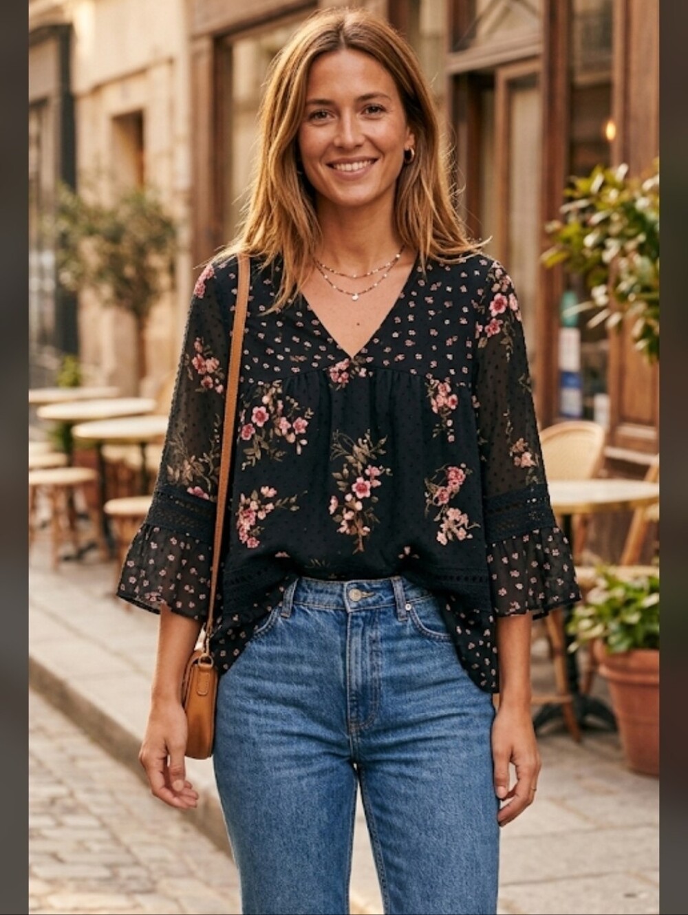 Maeve Anthropologie Women Top Floral Boho Swiss Dot Babydoll Blouse Size Small